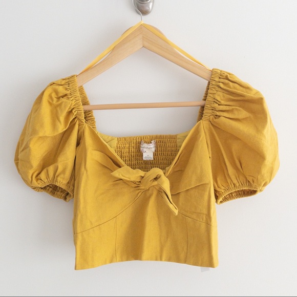 NWT Band of Gypsies Boho Yellow Tie Front Short Balloon Sleeves Linen Top, XS - Picture 6 of 7